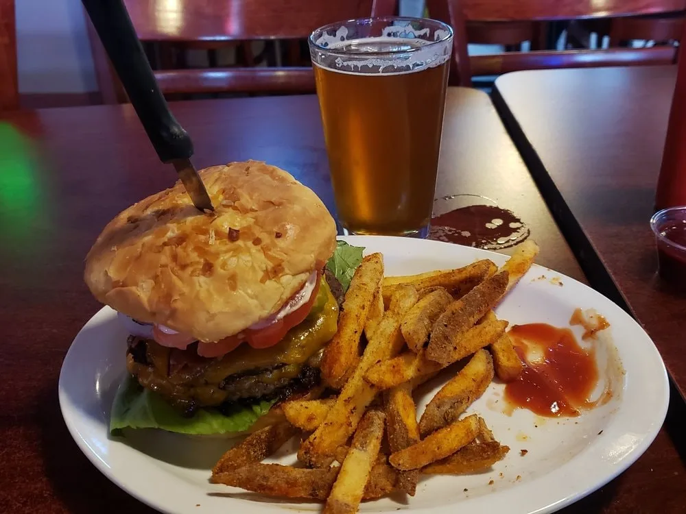 Burger and fries with a cold beer